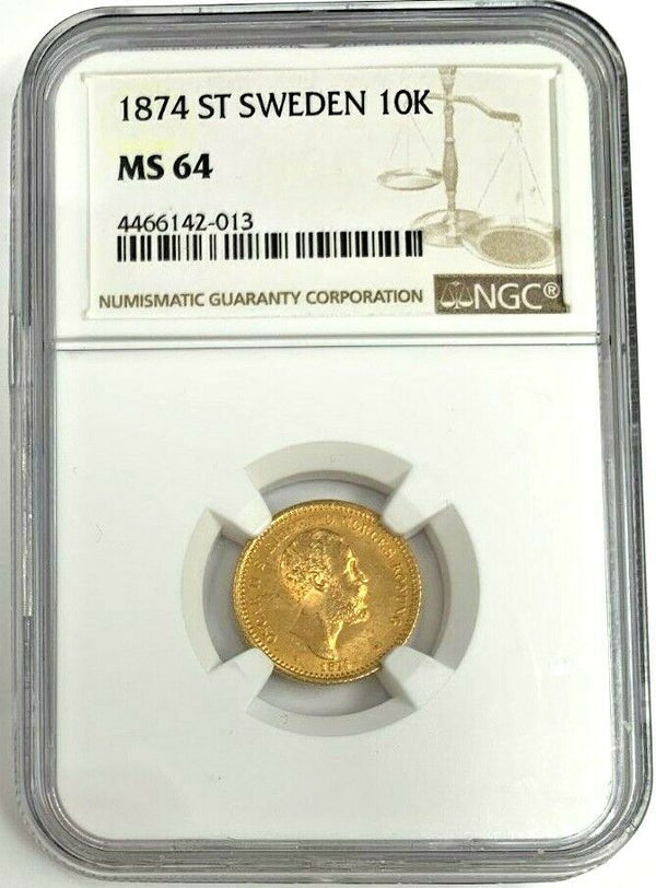 1874 Gold 10 Kronor Oscar II King of Sweden and Norway NGC MS64