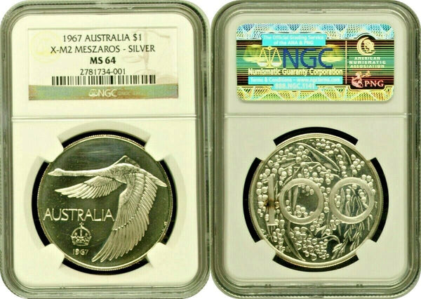 1967 Australia Silver $1 Black Swan Pattern Dollar Meszaros Fantasy NGC MS64