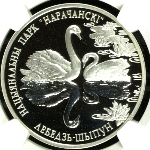 2003 Belarus Silver 20 Roubles Mute Swan Narochansky Park Bird NGC PF68 Rare