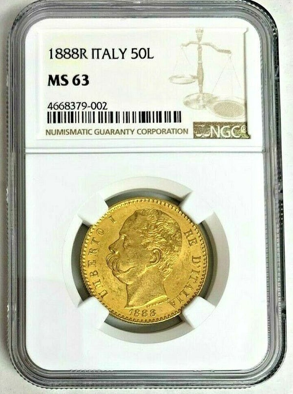 Very Rare 1888 Italy Gold Coin 50 Lire NGC MS63 King Umberto I Mintage-2,125 Rom
