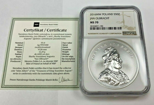2016 Poland Silver 50 Zloty Treasure King Stanislaw August Jan Olbracht NGC MS70