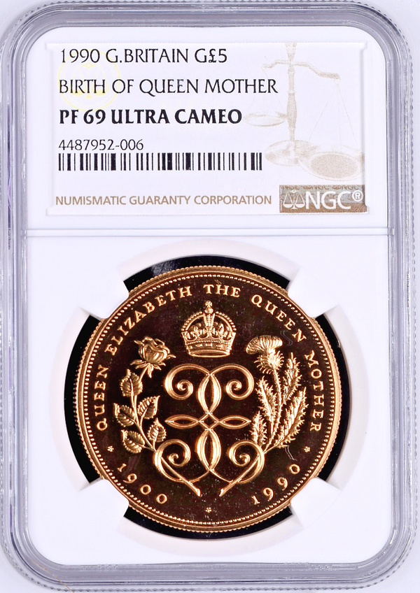 Great Britain 1990 Gold 5 Pounds Queen Mother 90th Birthday NGC PF69 Mint-2,500