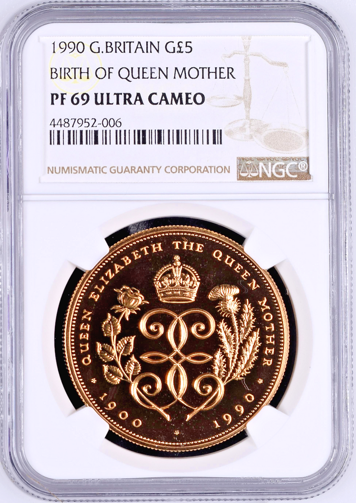 Great Britain 1990 Gold 5 Pounds Queen Mother 90th Birthday NGC PF69 Mint-2,500