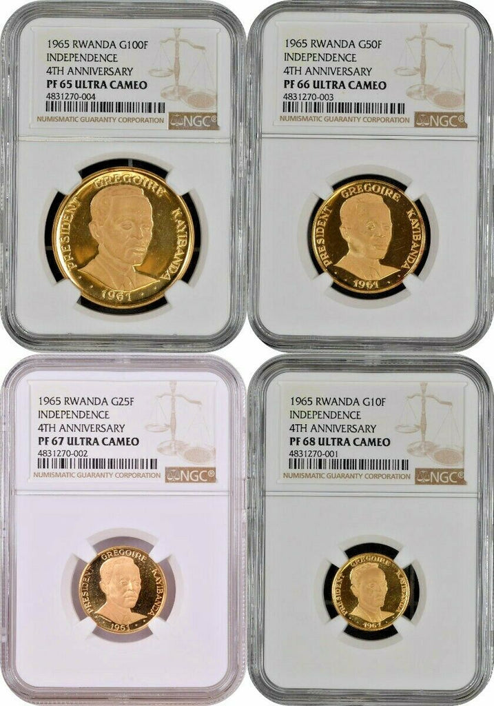 Rwanda 1965 Gold Set 4 Coins Independence 4th Anniversary Kayibanda NGC PF65-68