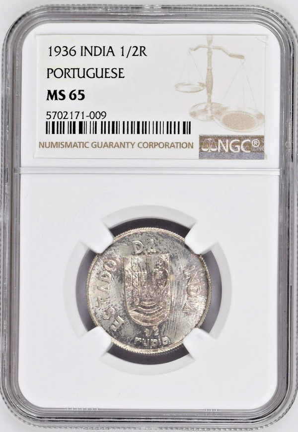 1936 India Portuguese Silver Coin 1/2 Rupia NGC MS65