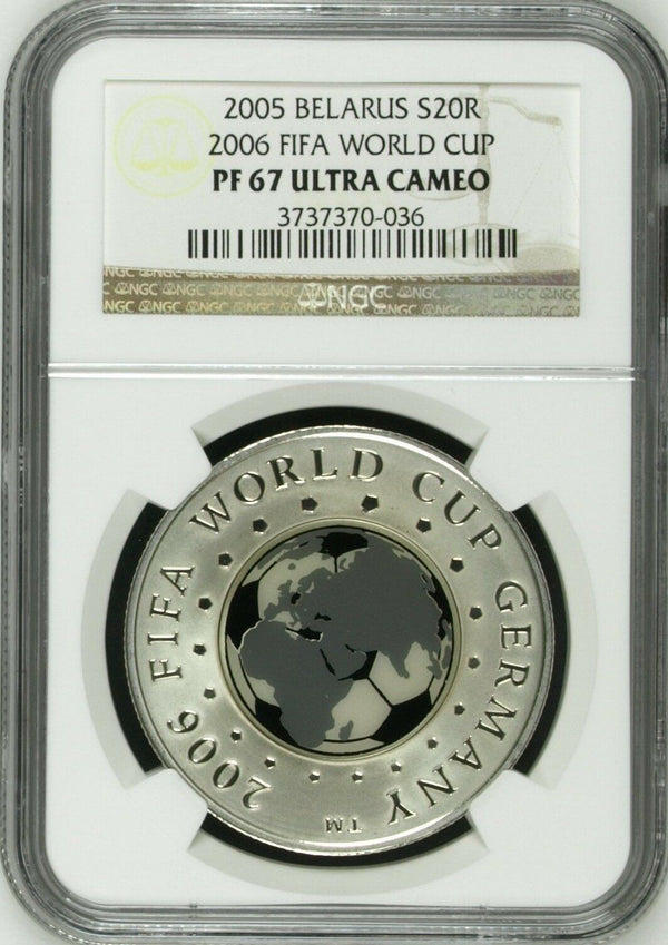 2005 Belarus Silver 20 Roubles 2006 FIFA World Cup Soccer Football NGC PF67