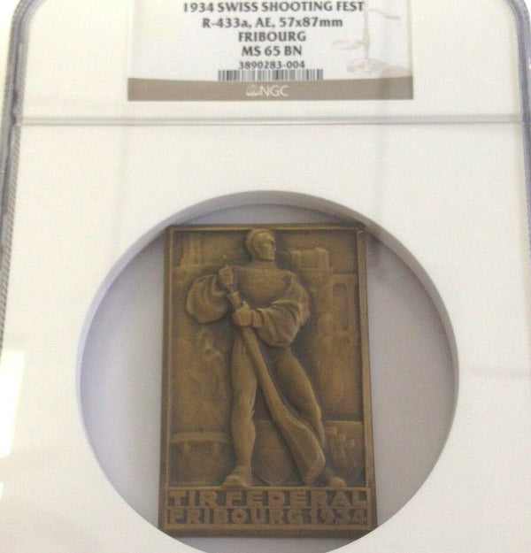 Swiss 1934 Shooting Medal Fribourg Bronze R-433a Rectangular NGC MS65 Low Mint.