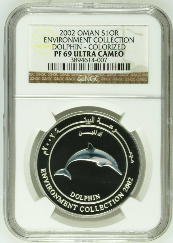 2002 Oman Silver Colorized Coin 1 Rial Dolphin NGC PF69 Box COA Rare