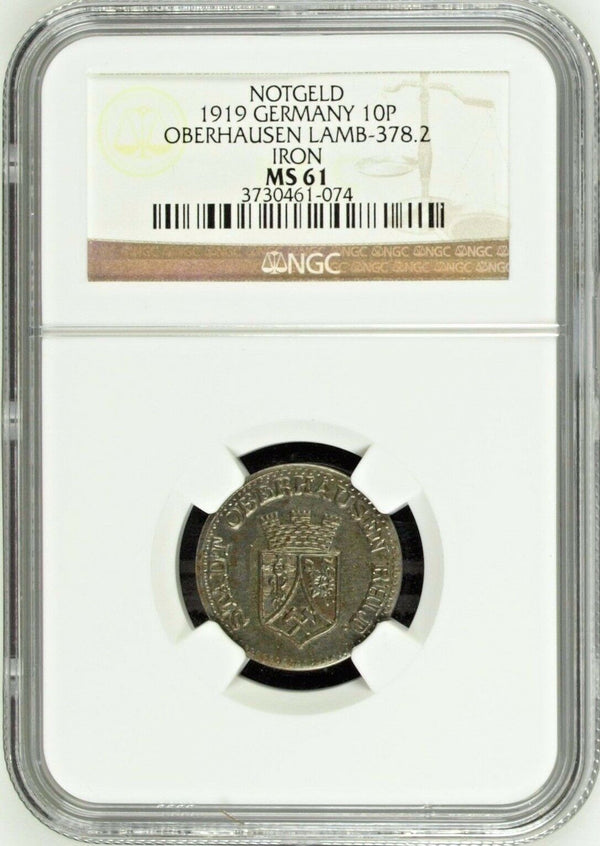 1919 Germany Weimar Notgeld Coin 10 Pfennig Oberhausen Lamb-378.2 NGC MS61