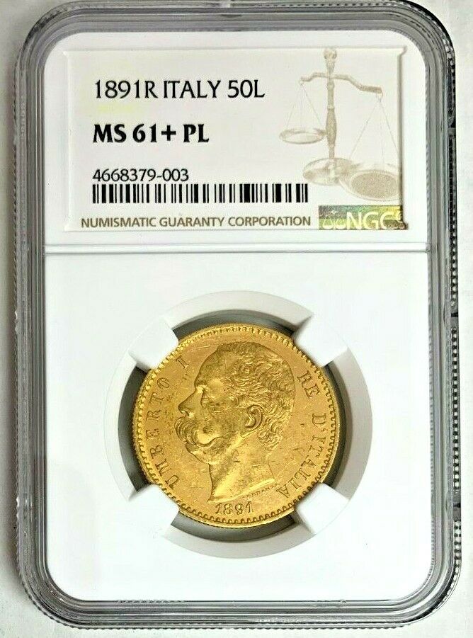 Very Rare 1891 Italy Gold Coin 50 Lire NGC MS61 King Umberto I Mintage-414 Rom