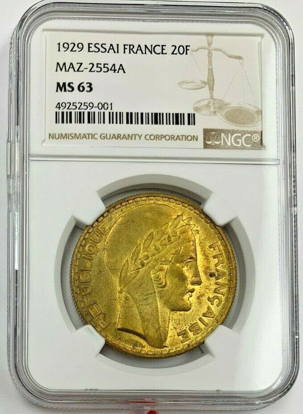 France 1929 Essai Rare Aluminum-Bronze Coin 20 Francs NGC MS63 Maz-2254A