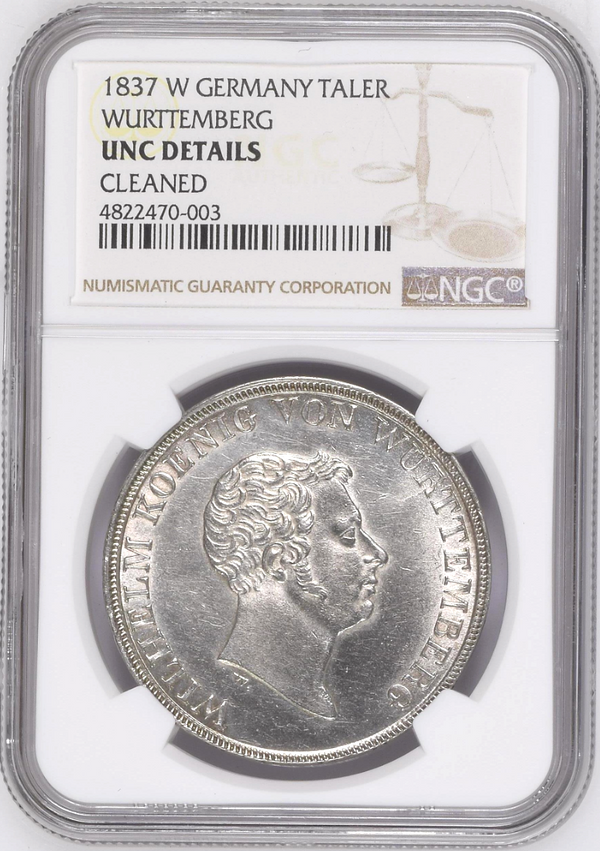 Extremely Rare 1837 German States Württemberg Silver Taler Wilhelm I NGC