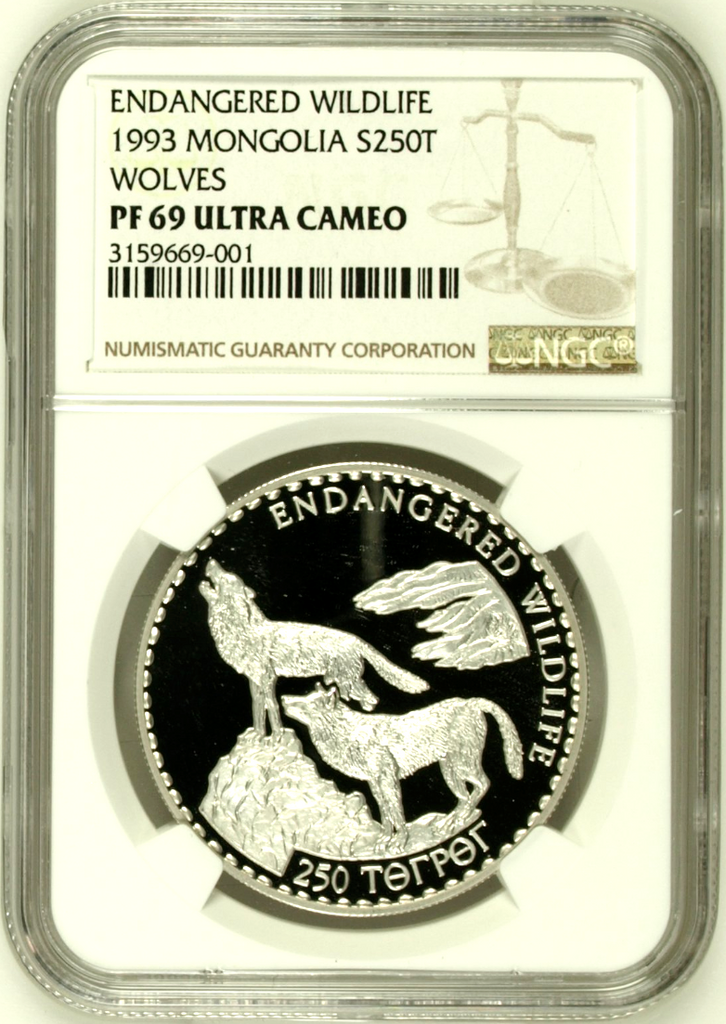 1993 Mongolia 250 Tugrik Silver Wolves Endangered Wildlife NGC PF69