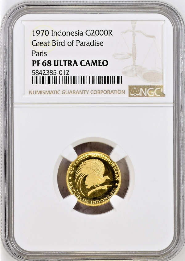 1970 Indonesia Gold 2000 Rupiah Great Bird of Paradise NGC PF68 Low Mintage