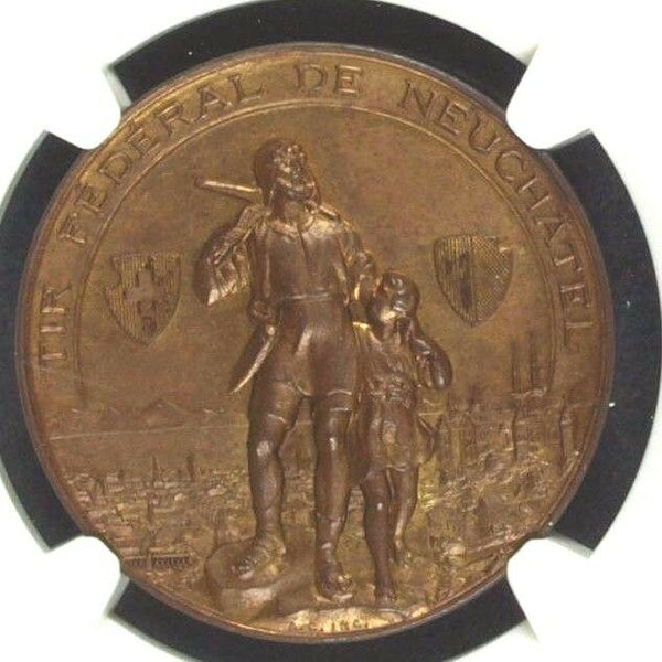 Switzerland 1898 Bronze Shooting Medal Neuchatel R-975b M-530 NGC MS64 - Rare
