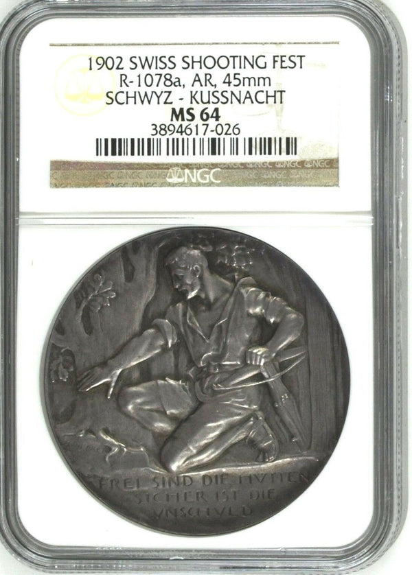 Swiss 1902 Silver Medal Shooting Fest Schwyz Kussnacht R-1078a AR NGC MS64 Rare