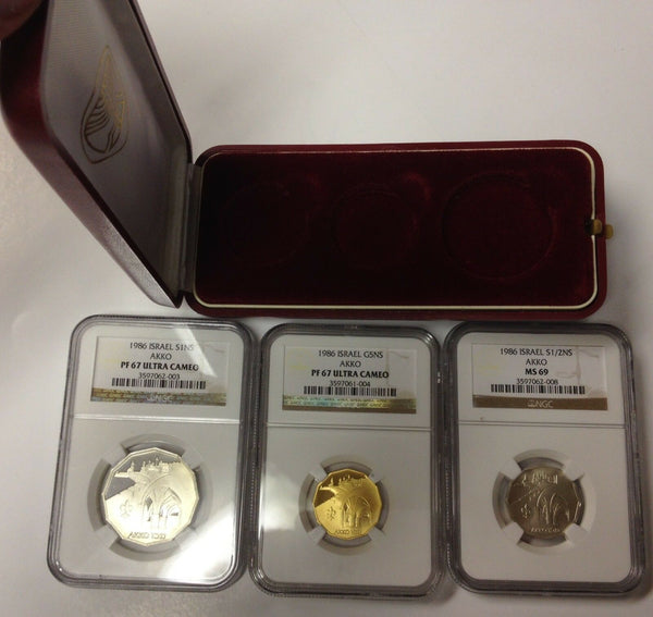 1986 Israel Sites in the Holy Land - AKKO 3 Coin Set Silver & Gold