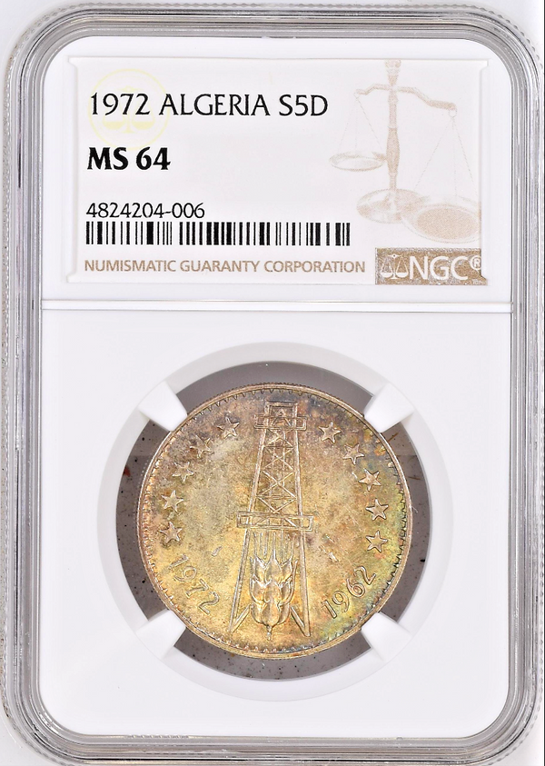 Algeria 1972 Silver 5 Dinars FAO 10th Anniversary of Independence NGC MS62
