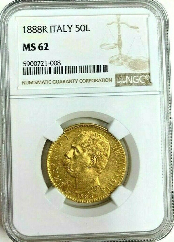 Very Rare 1888 Italy Gold Coin 50 Lire NGC MS62 King Umberto I Mintage-2,125 Rom