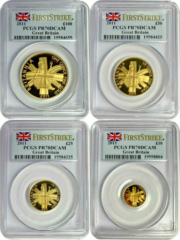 Great Britain 2011 Gold Set 4 Coins £100, $50, £25, £10 Britannia PCGS PF70