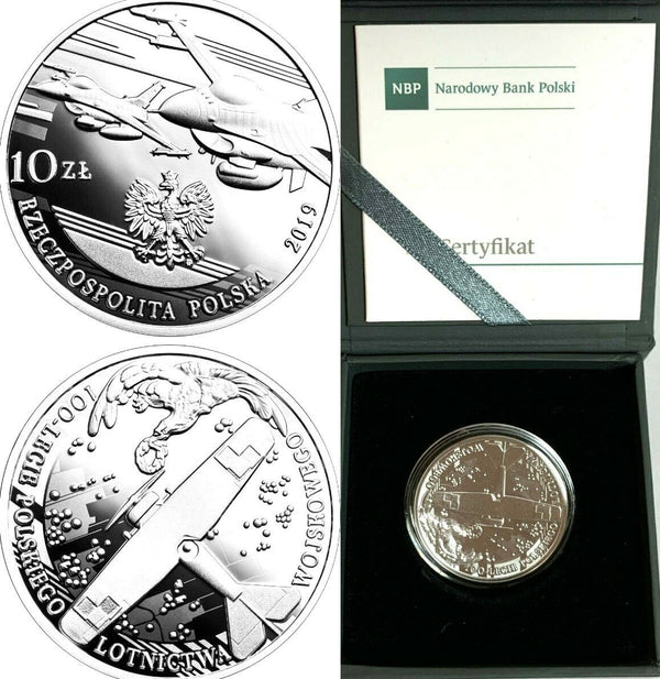 2019 Poland Silver 20 Zloty 100th Anniversary Polish Military Aviation Box COA