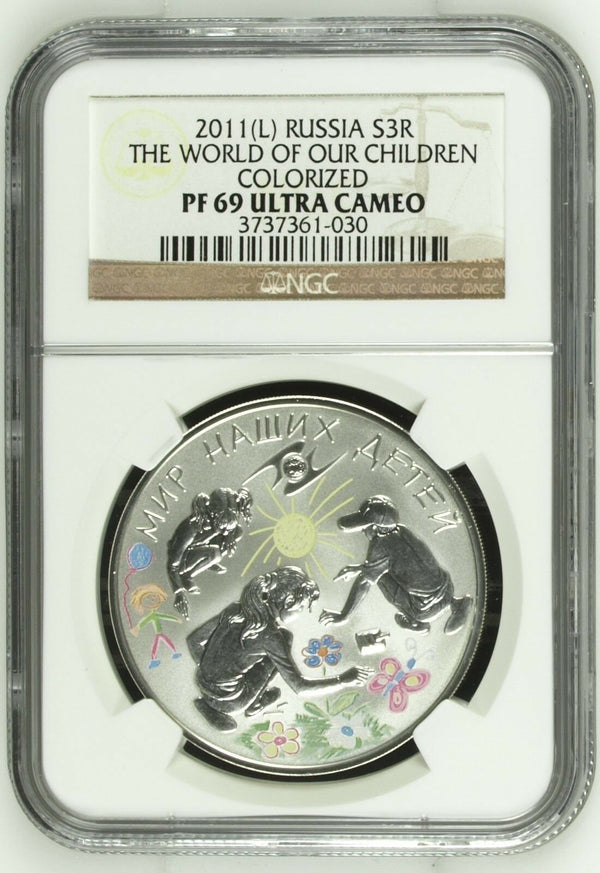 Russia 2011 Silver Colorized Coin 3 Rouble World of the Children NGC PF 69 Rare