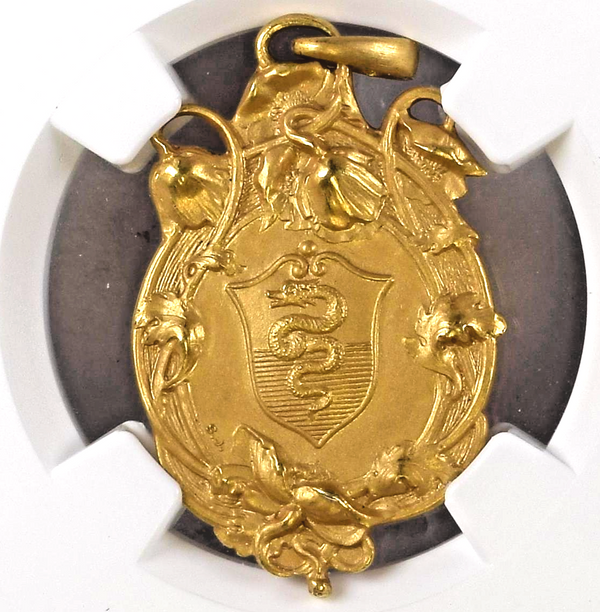 Swiss 1908 Gold Shooting Medal Ticino Bellinzona NGC MS66 R-1439a Extremely Rare