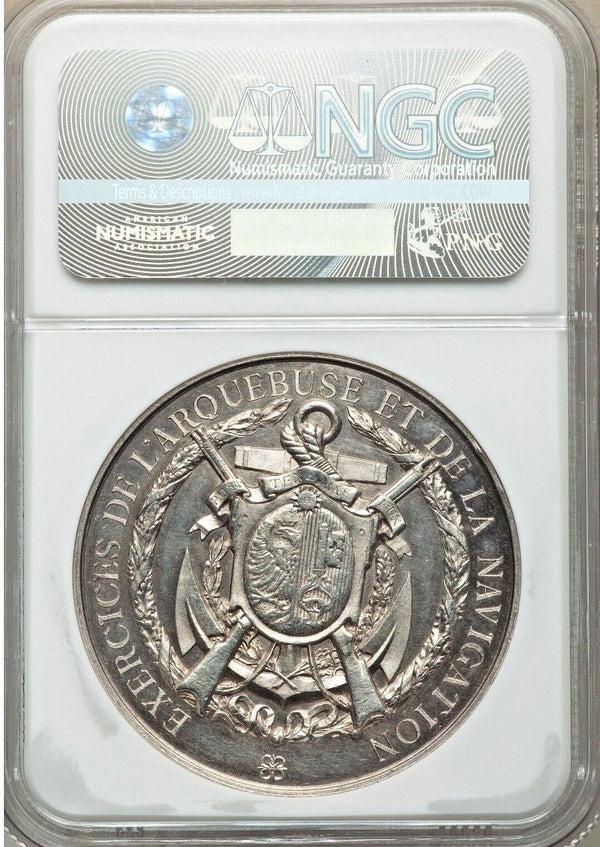 Very Rare Swiss 1881 Silver Shooting Medal Geneva Confederation R-618b NGC MS62