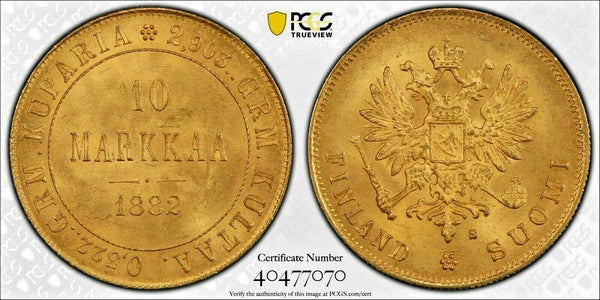 1882 Finland / Russia Gold 10 Markkaa Aleksandr II Nikolai II PCGS MS64