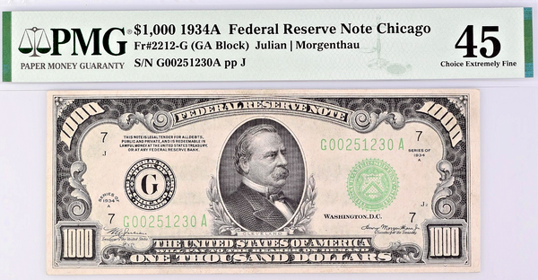 1934A $1000 Bill Federal Reserve Note Chicago PMG XF45 Fr#2212-G Small Size