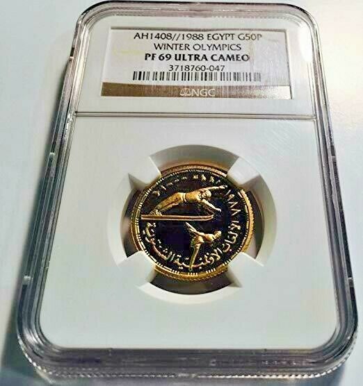 Extremely Rare Egypt 1408/1988 Gold 50 Pounds Winter Olympic NGC PF69 Mintage-50
