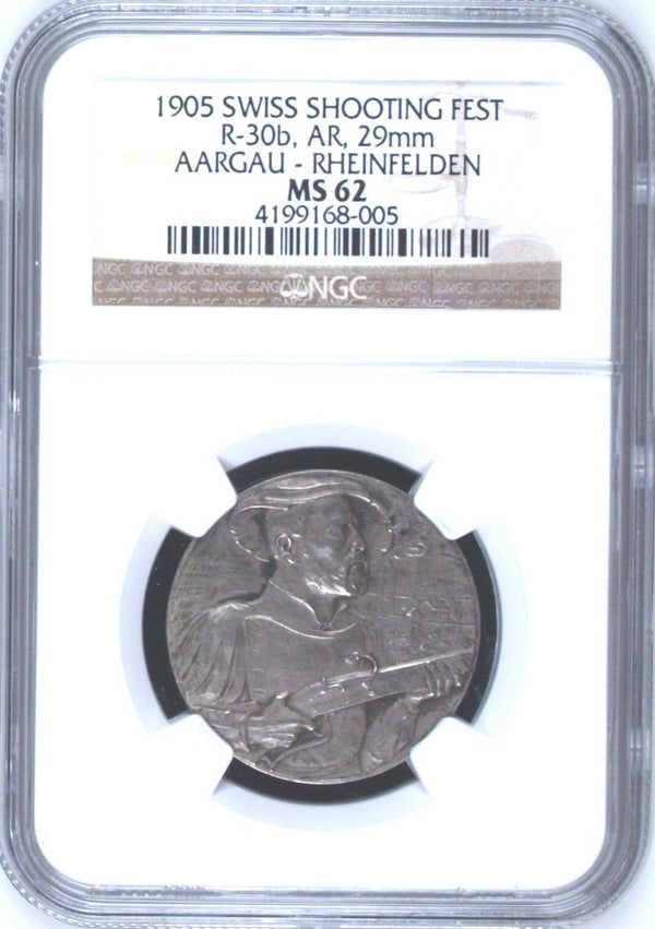 Swiss 1905 Silver Medal Shooting Festival Aargau Rheinfelder R-30b NGC MS62