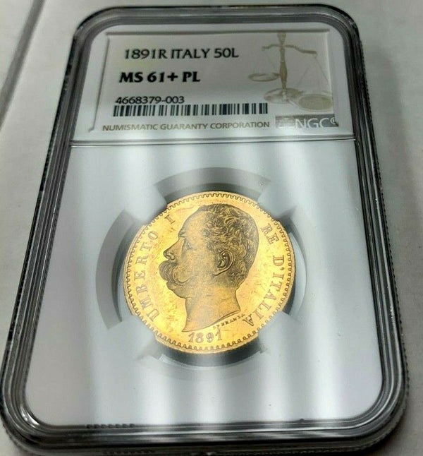 Very Rare 1891 Italy Gold Coin 50 Lire NGC MS61 King Umberto I Mintage-414 Rom