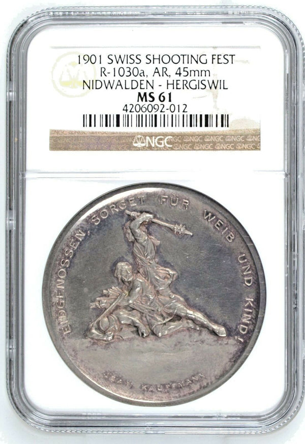 Rare Swiss 1901 Silver Shooting Medal Nidwalden Hergiswil R-1030a NGC MS61