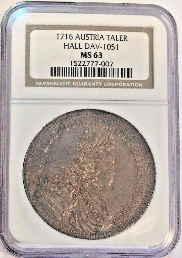 Austria 1716 Silver Coin Taler Karl Charles VI Hall DAV-1051 Thaler NGC MS63