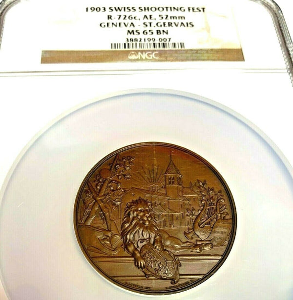 Very Rare Swiss 1903 Bronze Shooting Medal NGC MS65 Geneva St Gervais R-726c