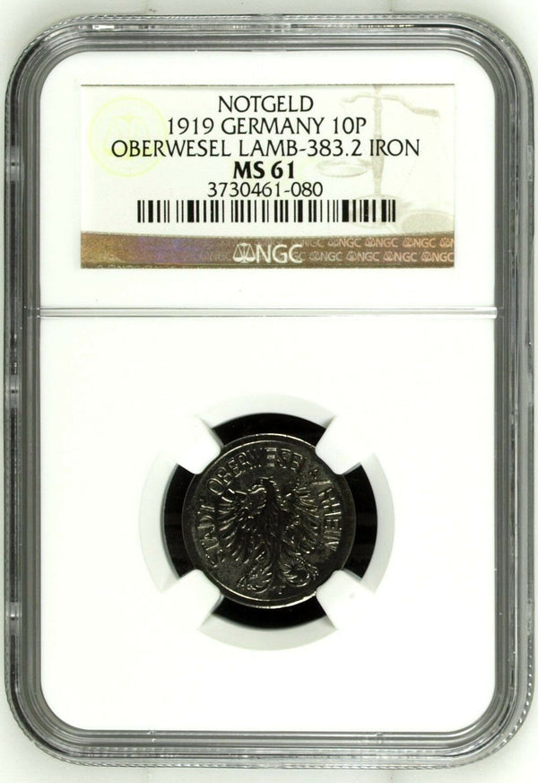 Rare 1919 Germany Notgeld 10 Pfennig Oberwesel Lamb-383.2 War Money NGC MS61