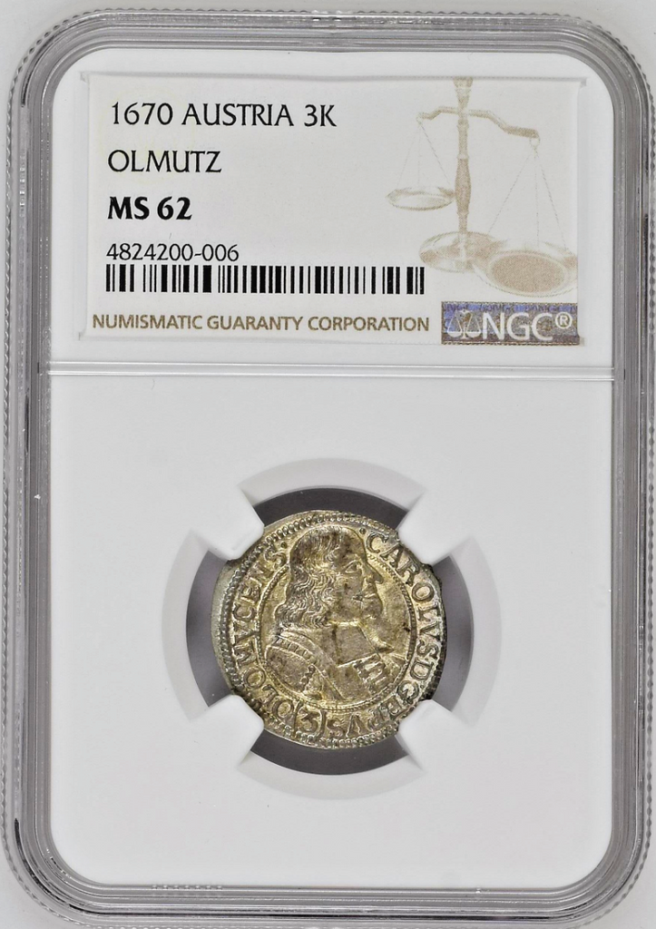1670 Austria Silver 3 Kreuzer Leopold I Oldmutz NGC MS62