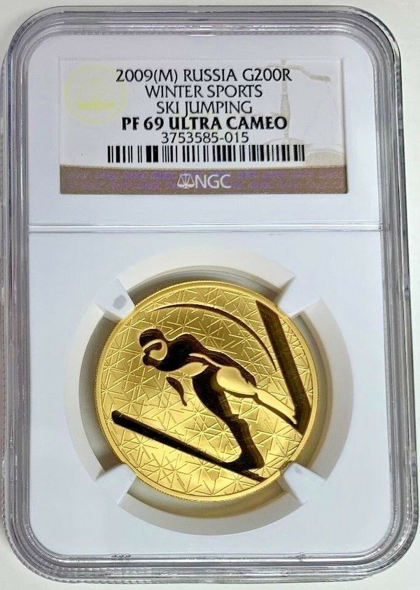 Russia 2009 M Gold 200 Roubles 1oz Winter Sport Ski Jumping NGC PF69 Mintage-500