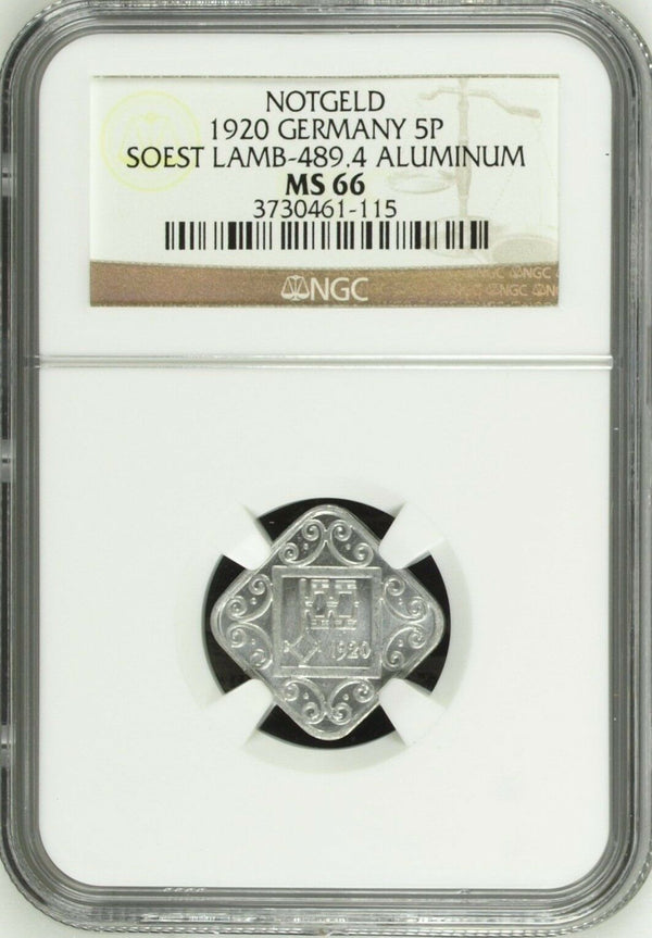 1920 Germany Empire Notgeld Soest Westfalen 5 Pfennig Lamb-489.4 Key NGC MS66