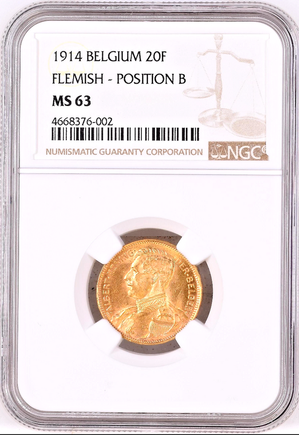 1914 Belgium 20 Francs Gold NGC MS63 King Albert I Flemish text Position B