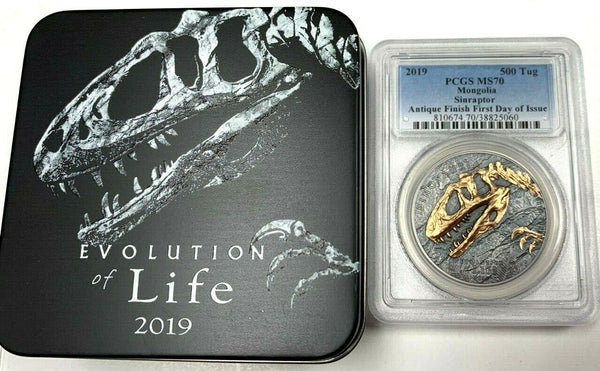 2019 Mongolia 500 Tögrög Silver Coin Sinraptor First Day of Issue PCGS MS70