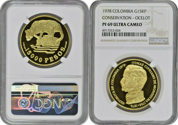 Colombia 1978 Gold Coin 15000 Pesos WWF Ocelot NGC PF69 Mintage-148