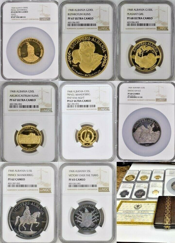Albania 1968 Set 8 Gold Silver Coins Prince Skanderbeg's Death NGC PF60-68 Rare
