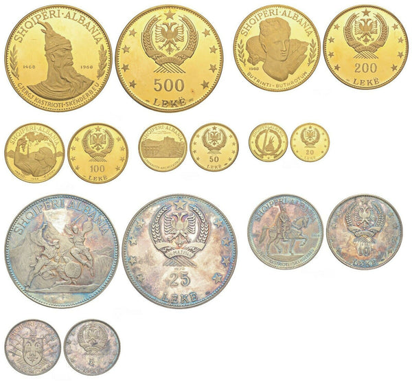 Albania 1968-1970 Set 8 Silver Gold Prince Skanderbeg's Death NGC PF64-66 Rare