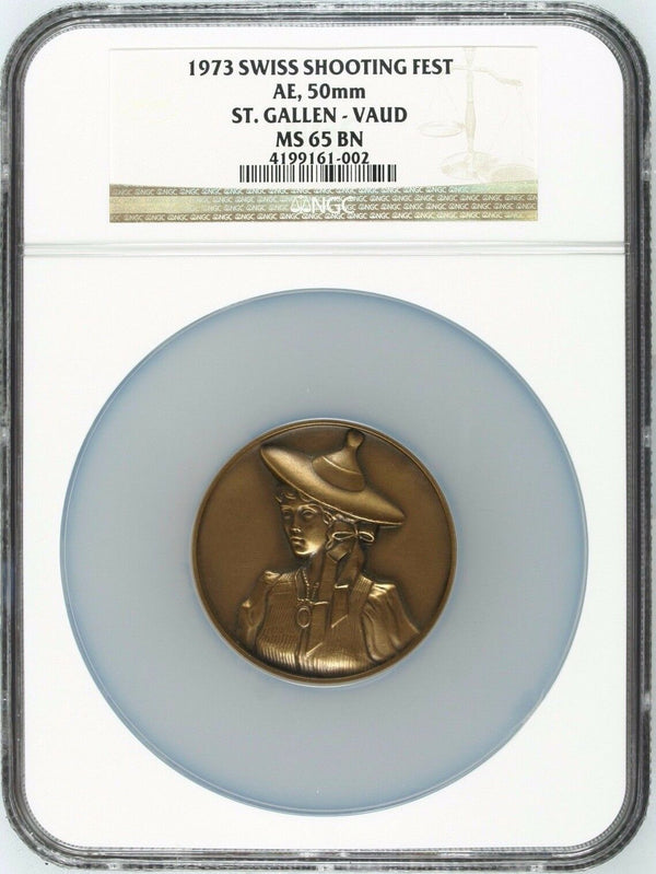 Swiss 1973 Bronze Medal Shooting Fest St Gallen Vaud Beautiful Woman NGC MS65