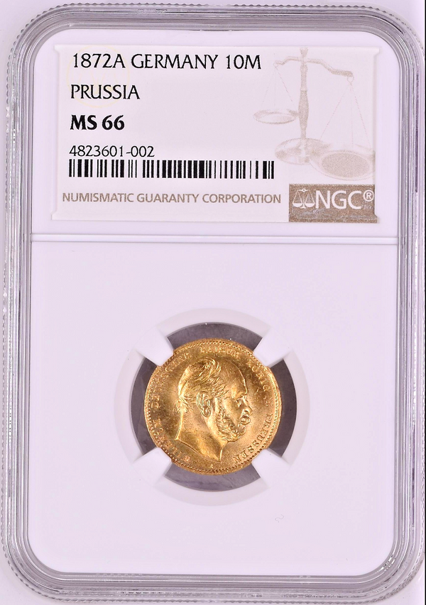 German States Prussia 1872 Gold 10 Mark Wilhelm I NGC MS66