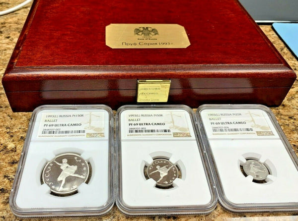 Russia 1993 Set 3 Platinum Proof Coins Ballet Ballerina NGC PF69 Mintage-750 COA