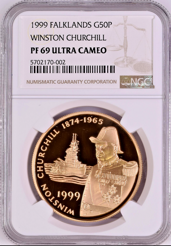 Falkland Islands 1999 Gold 50 Pence Admiral Winston Churchill NGC PF69 Mint.-125