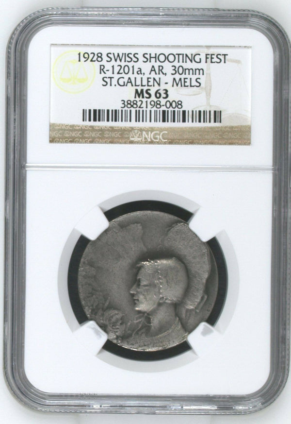Swiss 1928 Silver Medal Shooting Fest St Gallen Mels R-1201a NGC MS63 Very Rare